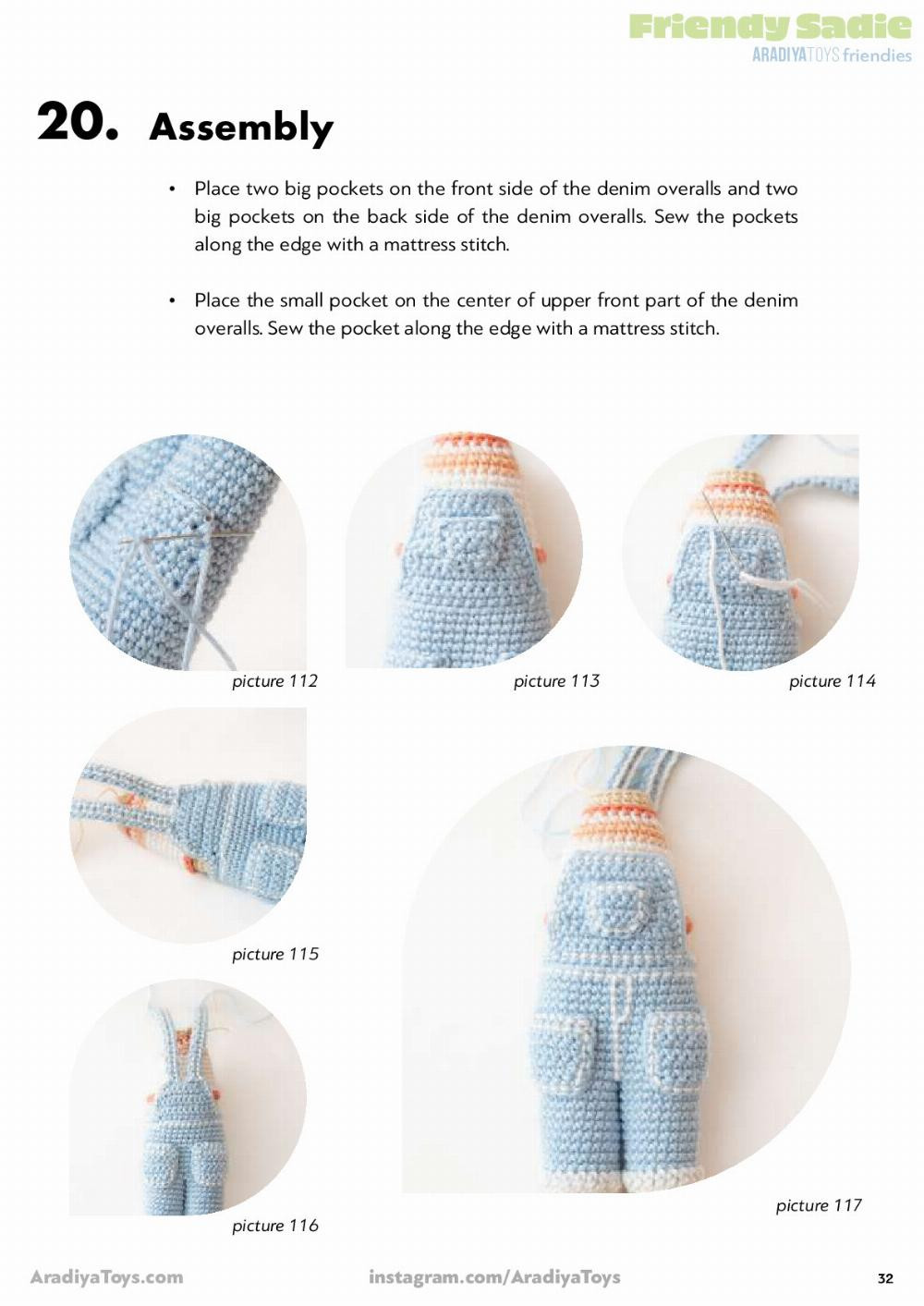 Friendy Sadie AradiyaToys friendies, Crochet pattern for a little girl doll wearing overalls, a beanie hat and headphones