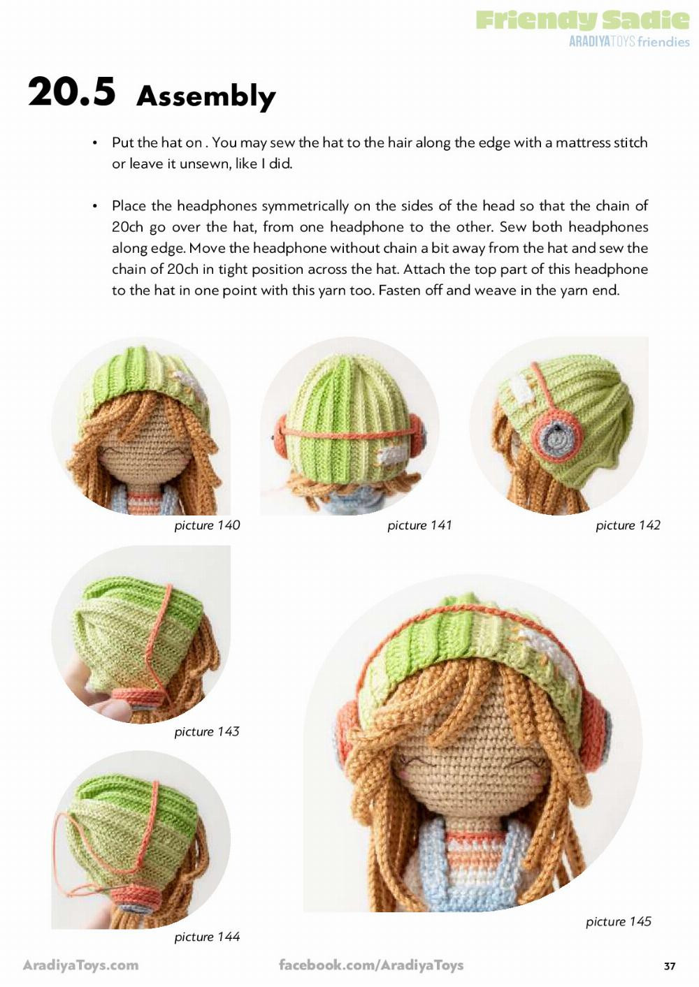 Friendy Sadie AradiyaToys friendies, Crochet pattern for a little girl doll wearing overalls, a beanie hat and headphones