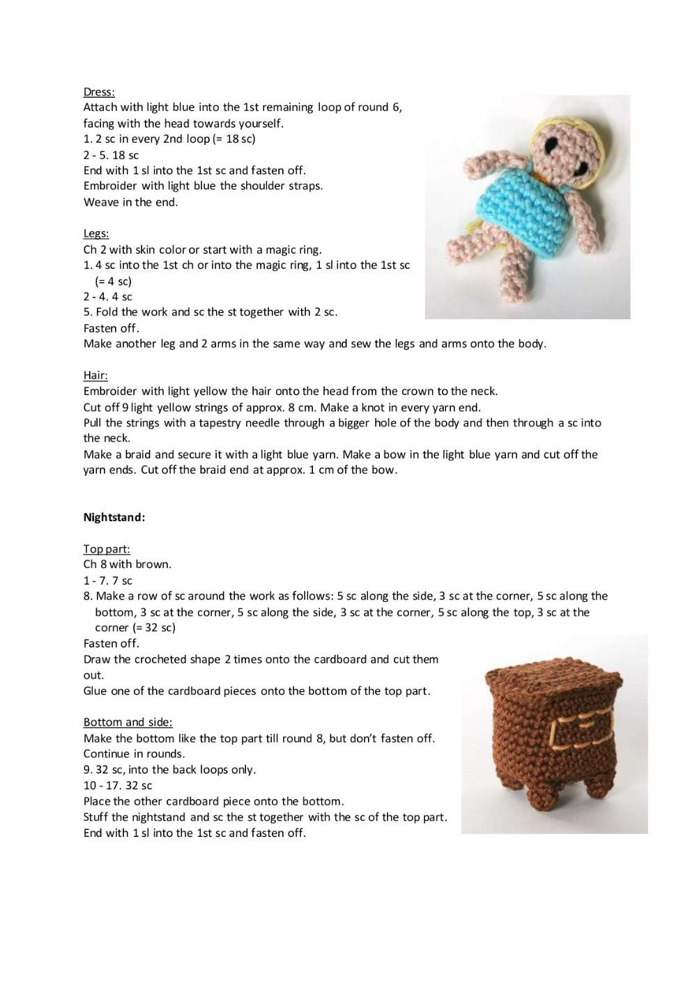 Furniture bedrooms Garn, Crochet pattern for baby girl doll wearing overalls and yellow bow.  bed, wardrobe, sleeping baby, crib