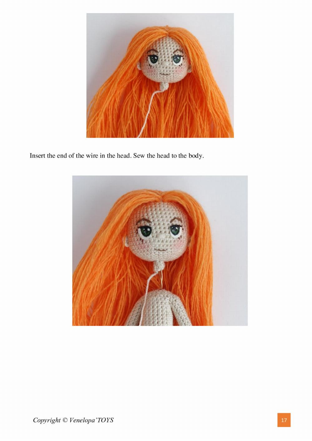 Girl doll crochet model wearing a yellow and white dress and orange hair