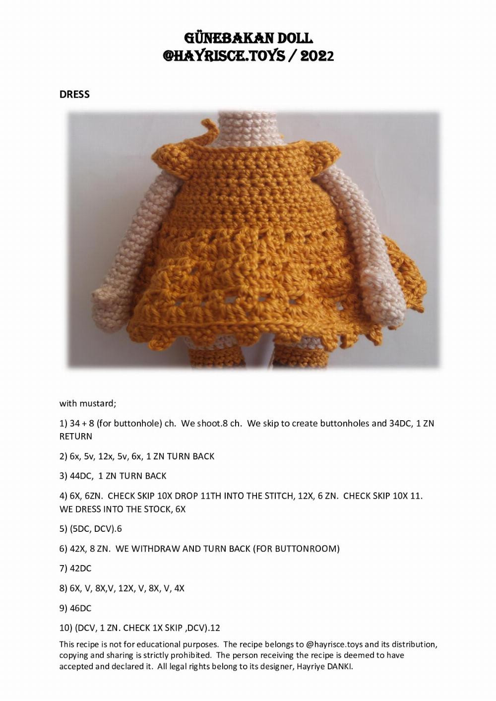 GÜNEBAKAN DOLL, Crochet pattern for a little girl doll wearing a yellow dress and sunflowers