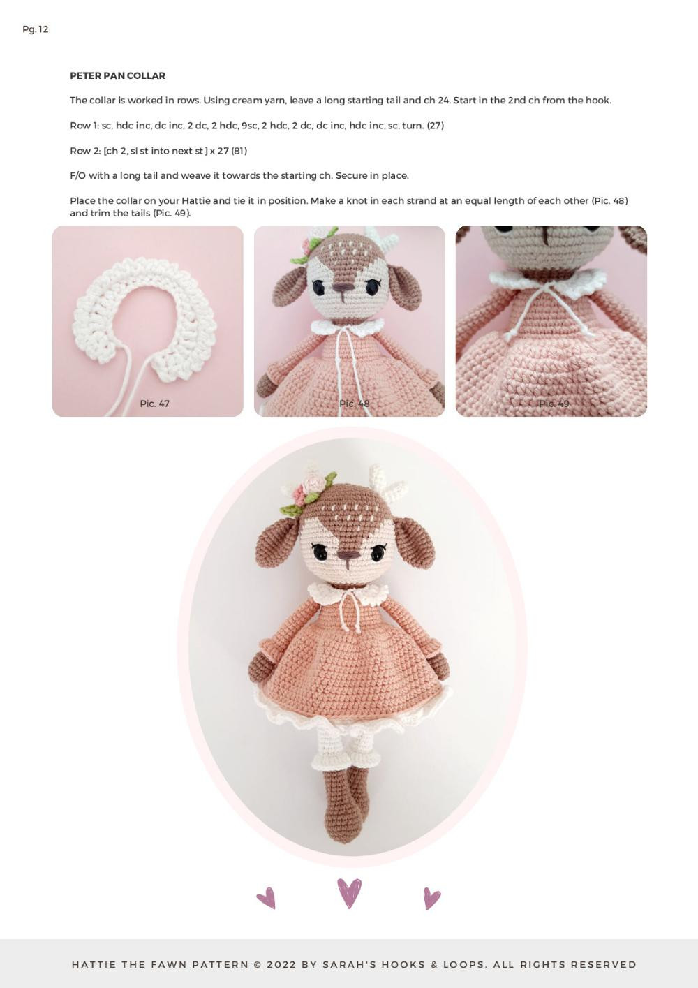 Hattie the fawn Pattern, Crochet pattern for a deer doll wearing a yellow-brown dress