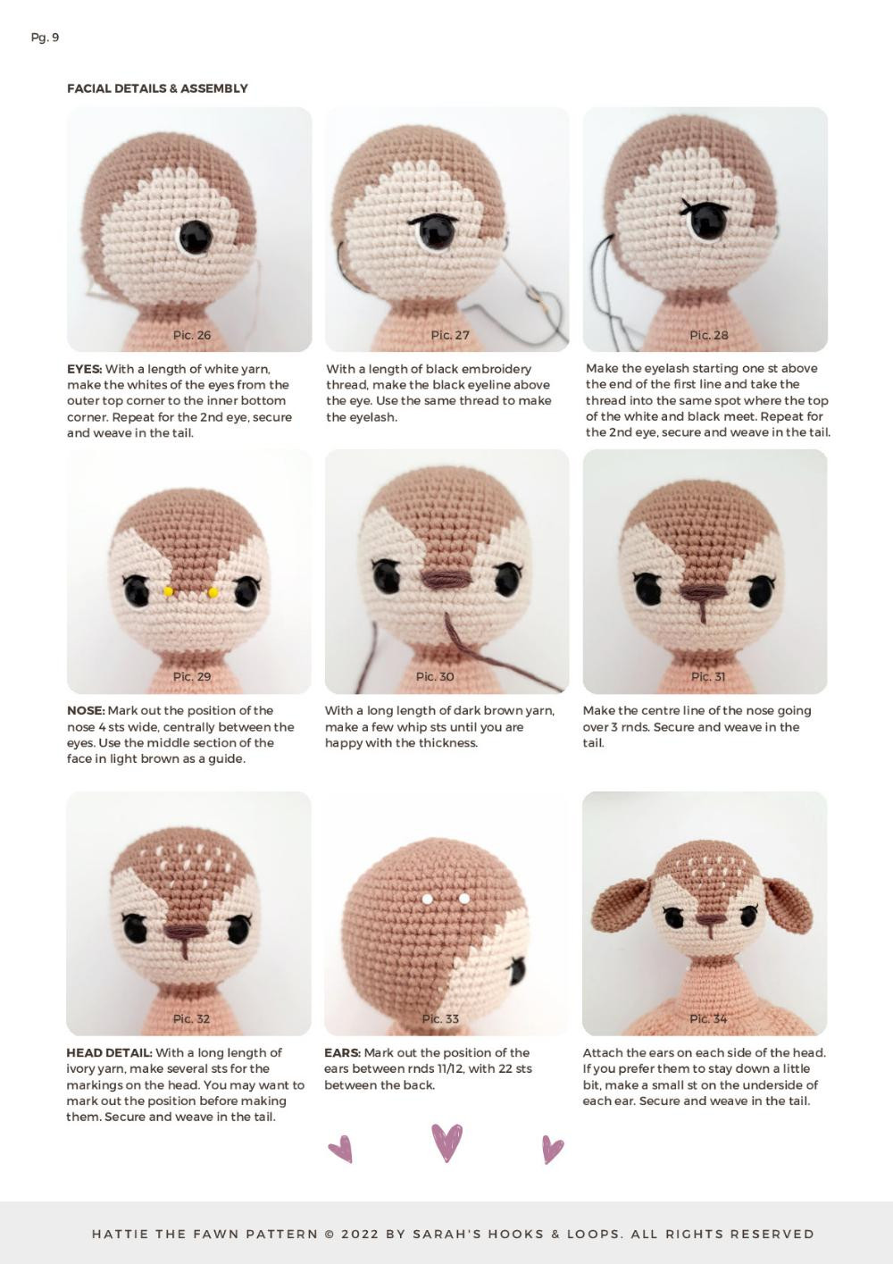 Hattie the fawn Pattern, Crochet pattern for a deer doll wearing a yellow-brown dress