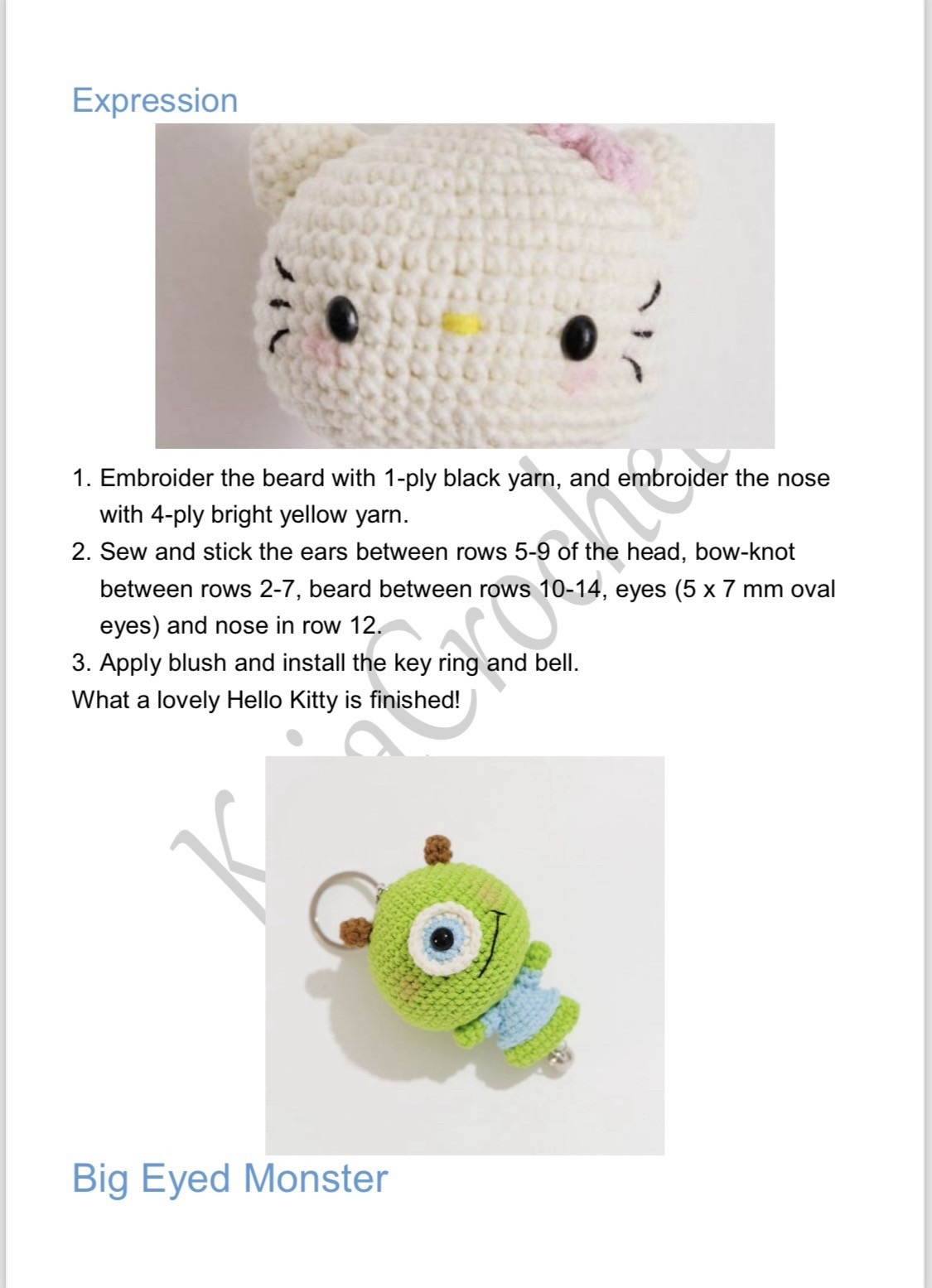 kaia crochet, mini dolls group d crochet pattern, pink pig, hello kitty, big eyed monster, little sheep