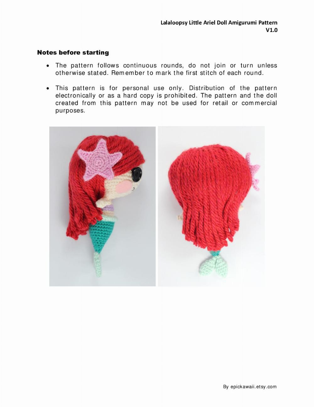 LALALOOPSY LITTLE Ariel AMIGURUMI PATTERN, Mermaid crochet pattern