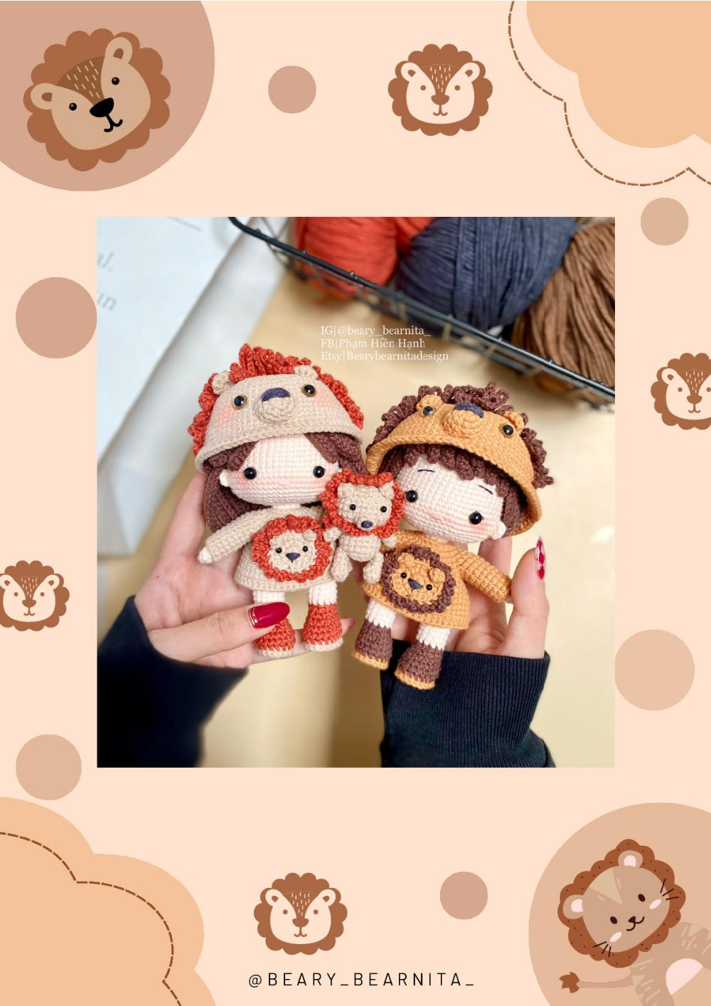 LION DOLL, Crochet pattern for boy and girl dolls holding lion toys, wearing lion shirts, and lion hats