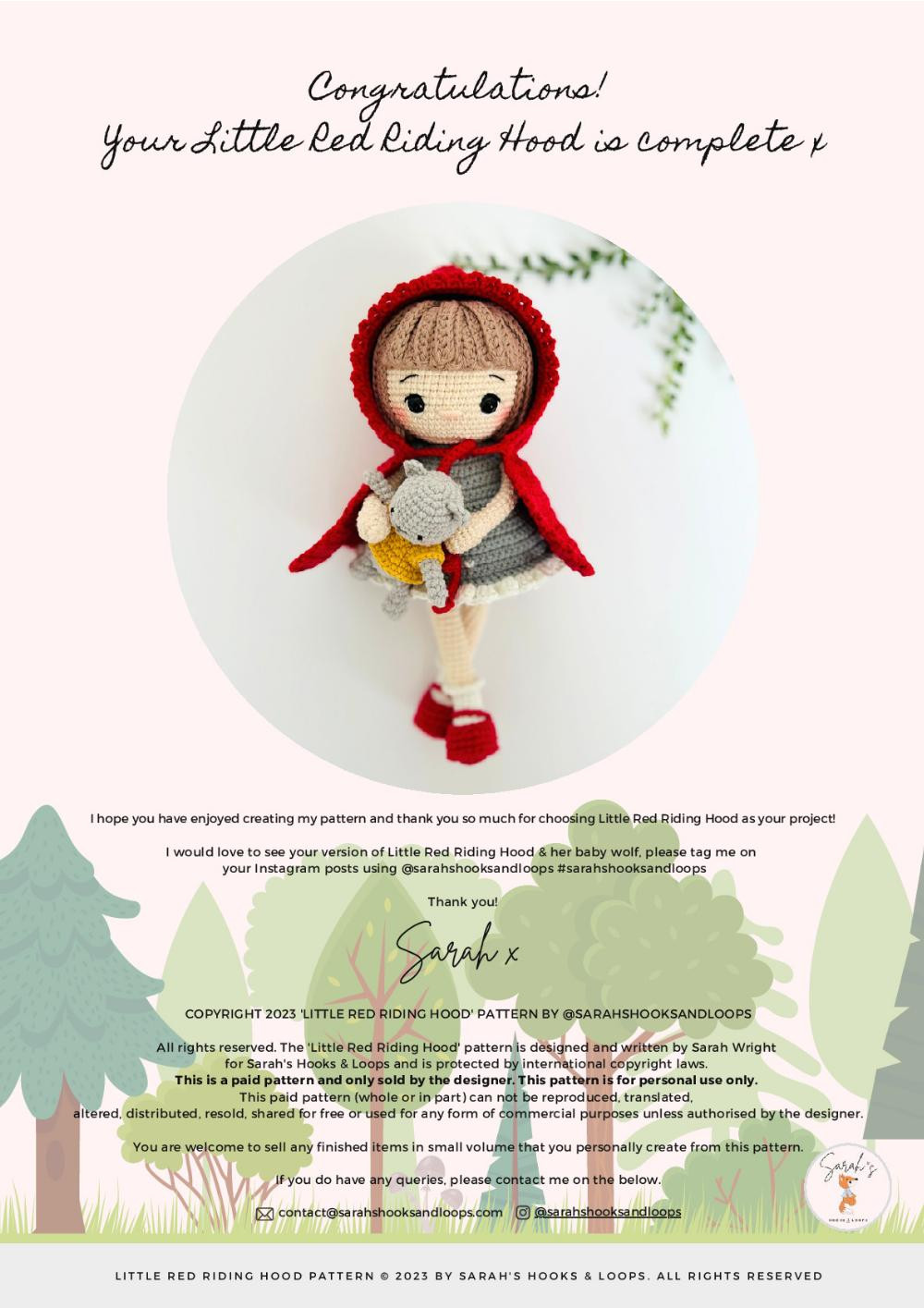 Little Red Riding Hood Amigurumi Pattern, Crochet doll model wearing a red coat and gray skirt