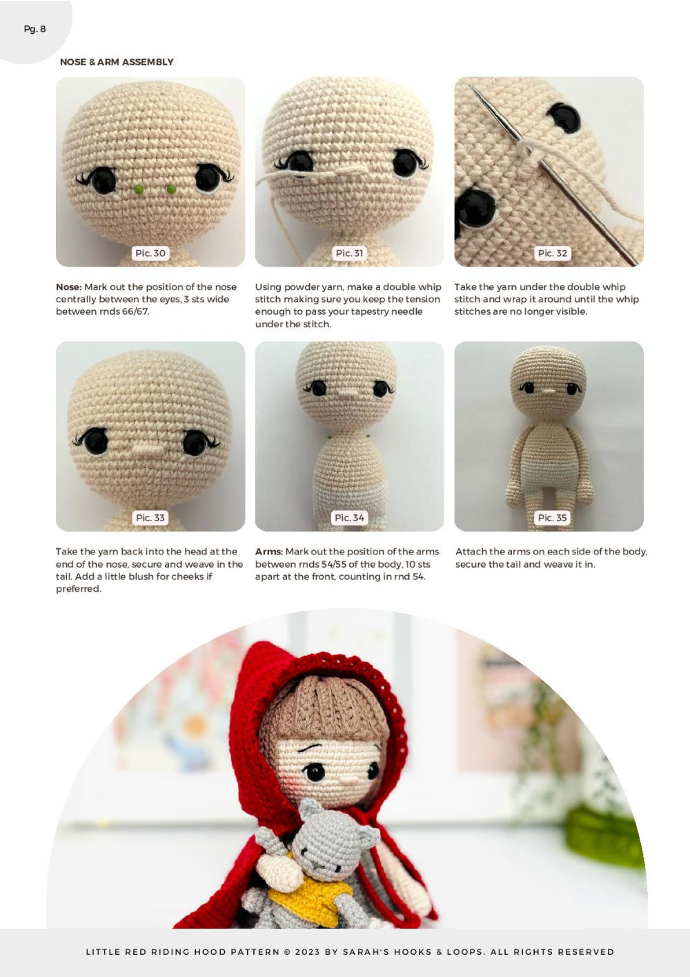 Little Red Riding Hood Amigurumi Pattern, Crochet doll model wearing a red coat and gray skirt