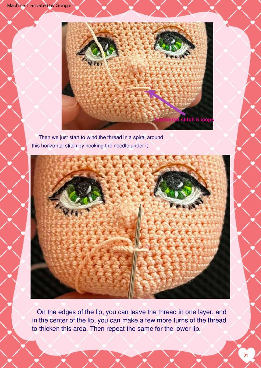 Lucy, Crochet pattern for a red-haired girl doll wearing a short skirt, shirt,