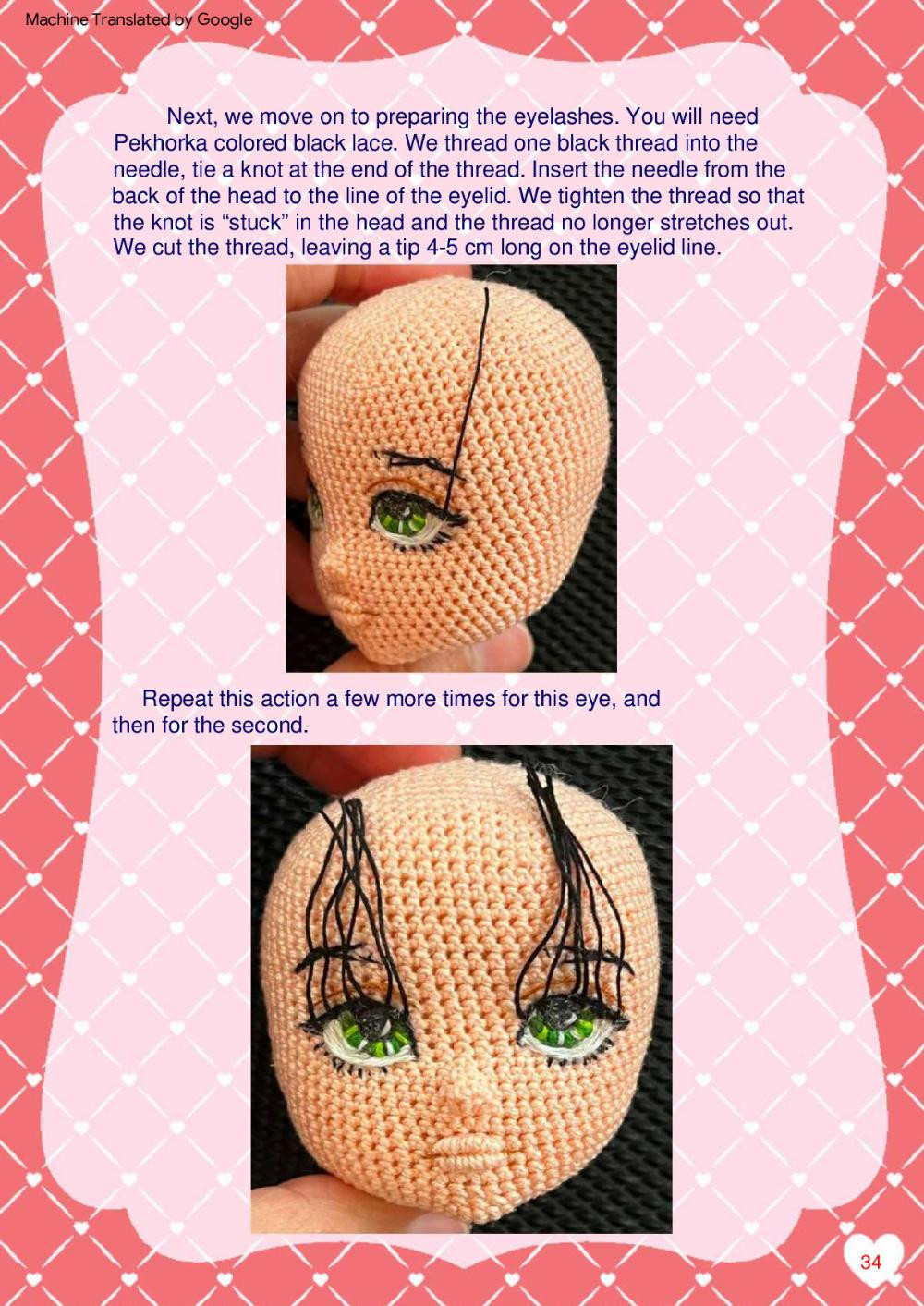 Lucy, Crochet pattern for a red-haired girl doll wearing a short skirt, shirt,