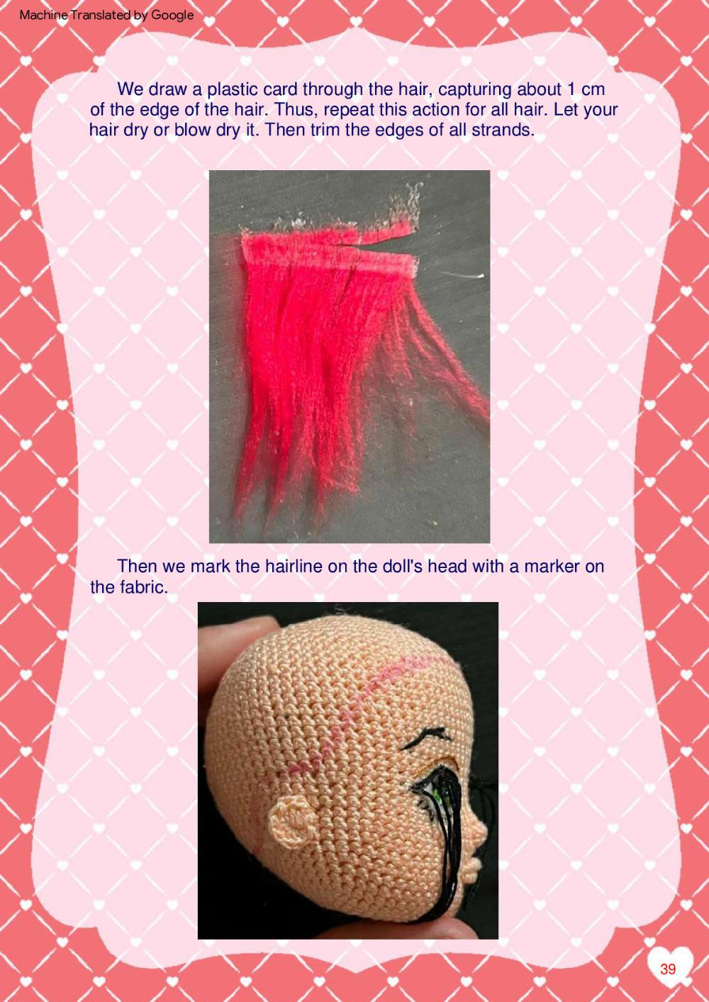 Lucy, Crochet pattern for a red-haired girl doll wearing a short skirt, shirt,