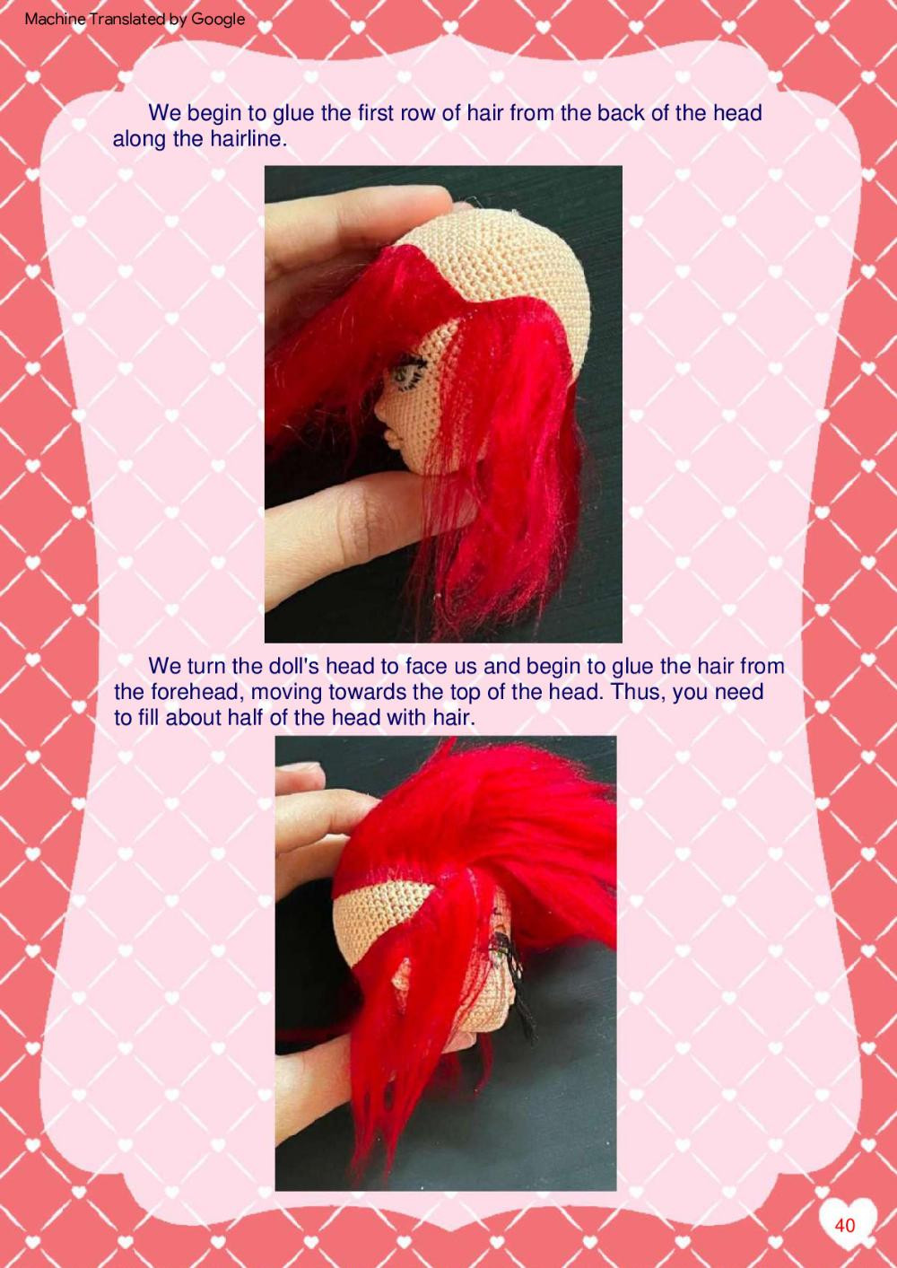 Lucy, Crochet pattern for a red-haired girl doll wearing a short skirt, shirt,