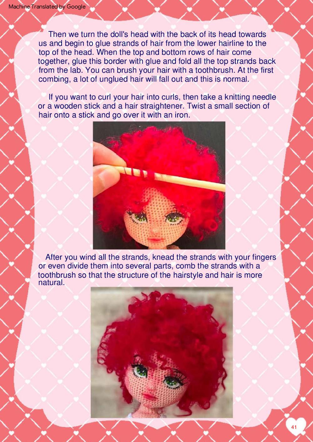 Lucy, Crochet pattern for a red-haired girl doll wearing a short skirt, shirt,