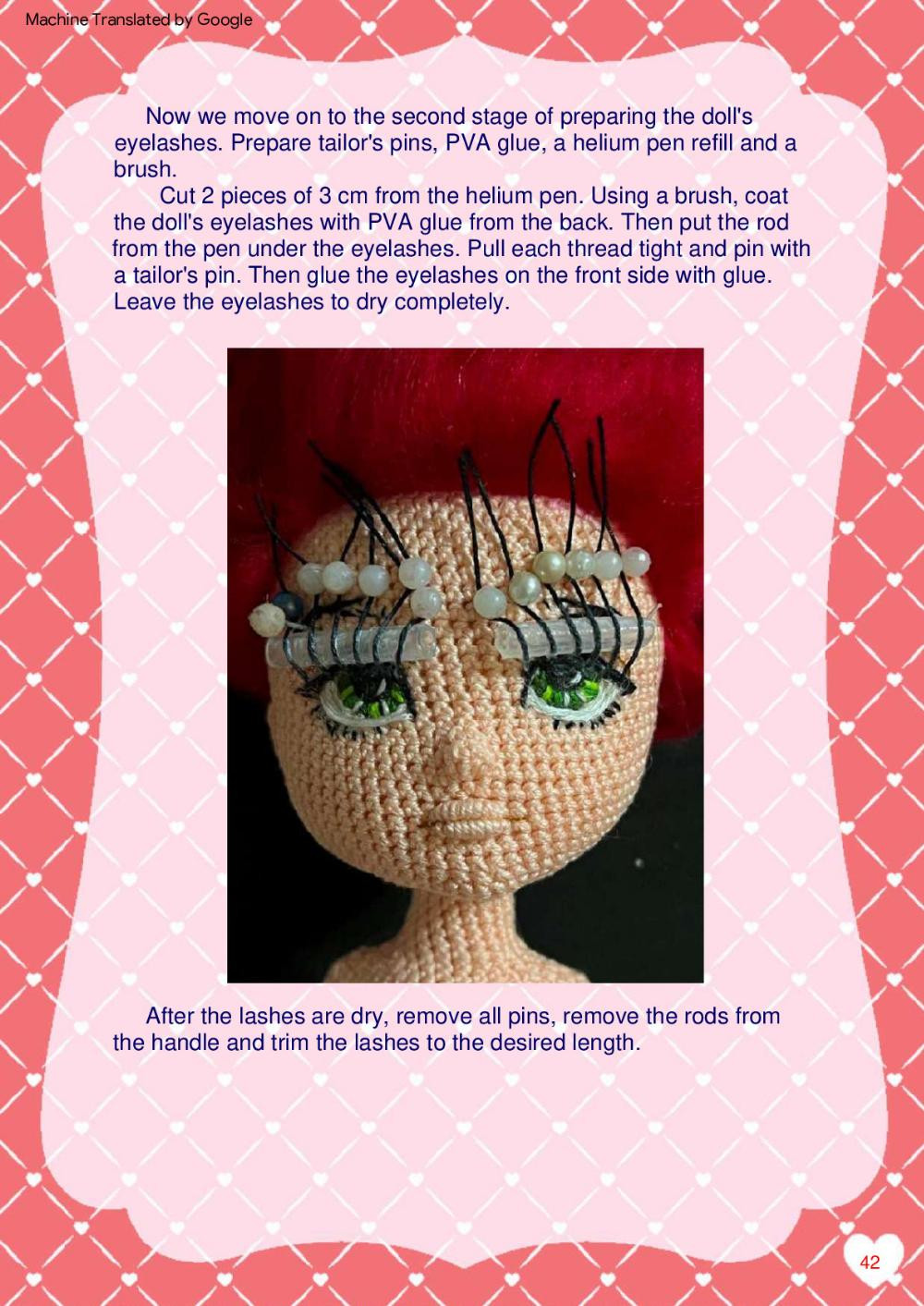 Lucy, Crochet pattern for a red-haired girl doll wearing a short skirt, shirt,