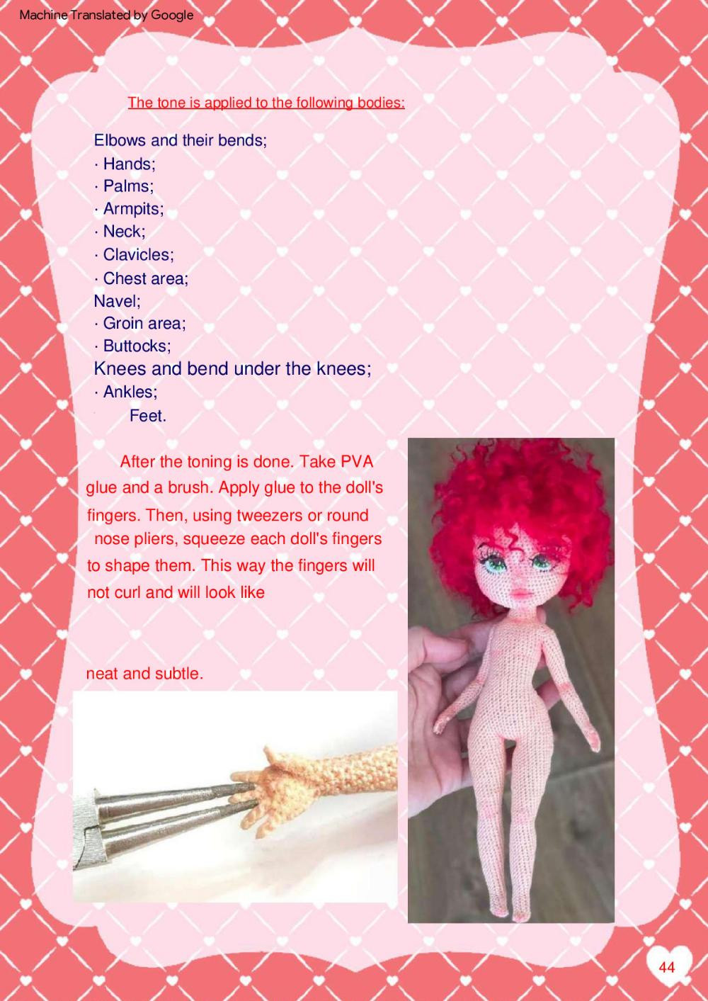 Lucy, Crochet pattern for a red-haired girl doll wearing a short skirt, shirt,