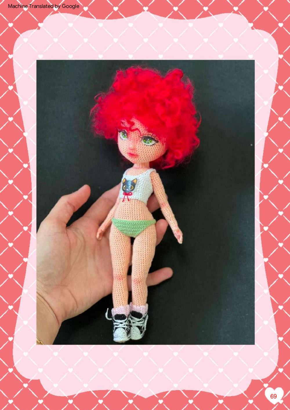 Lucy, Crochet pattern for a red-haired girl doll wearing a short skirt, shirt,