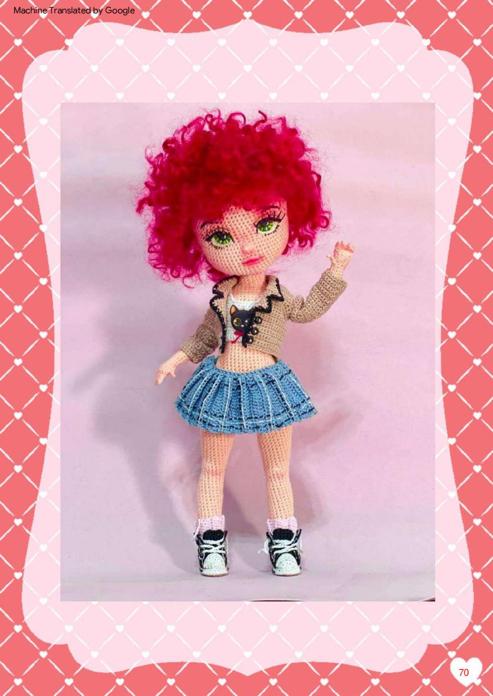 Lucy, Crochet pattern for a red-haired girl doll wearing a short skirt, shirt,