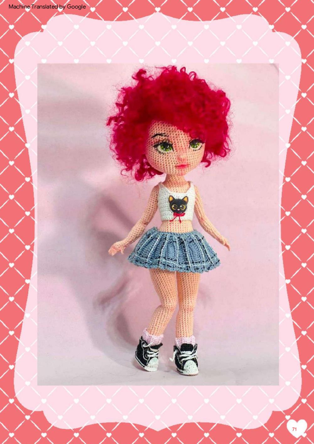 Lucy, Crochet pattern for a red-haired girl doll wearing a short skirt, shirt,