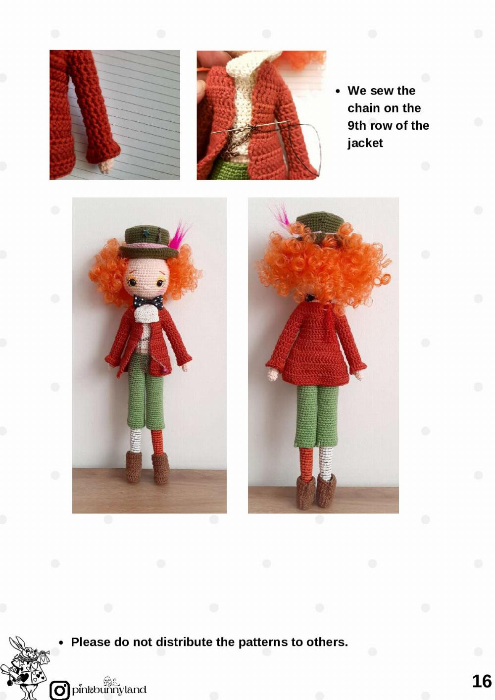 mad hatter, Crochet pattern for a fuzzy-haired doll wearing a hat