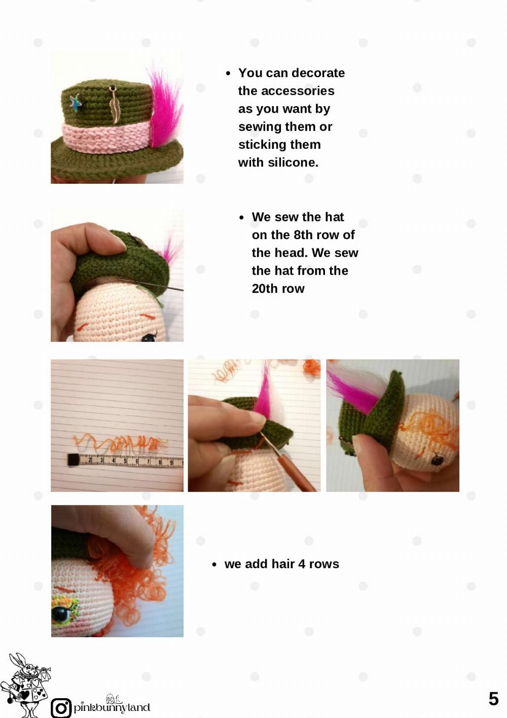 mad hatter, Crochet pattern for a fuzzy-haired doll wearing a hat