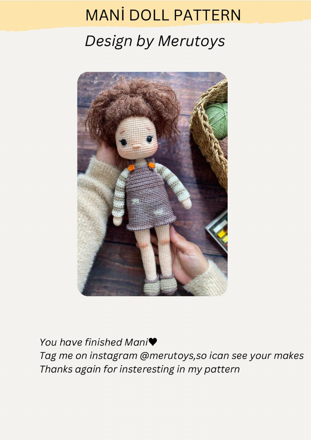 MANİ DOLL PATTERN, Crochet pattern for a black-haired girl doll wearing a overalls