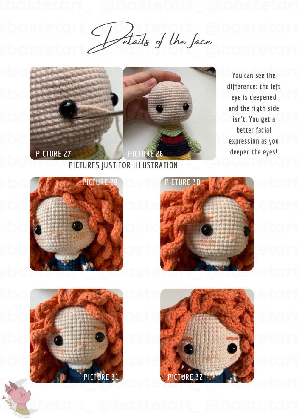 merida doll crochet pattern, Crochet pattern for a red-haired doll wearing a bow and arrow and wearing a dress