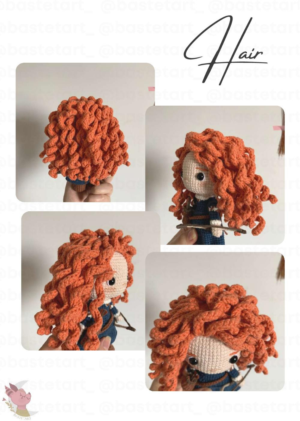 merida doll crochet pattern, Crochet pattern for a red-haired doll wearing a bow and arrow and wearing a dress