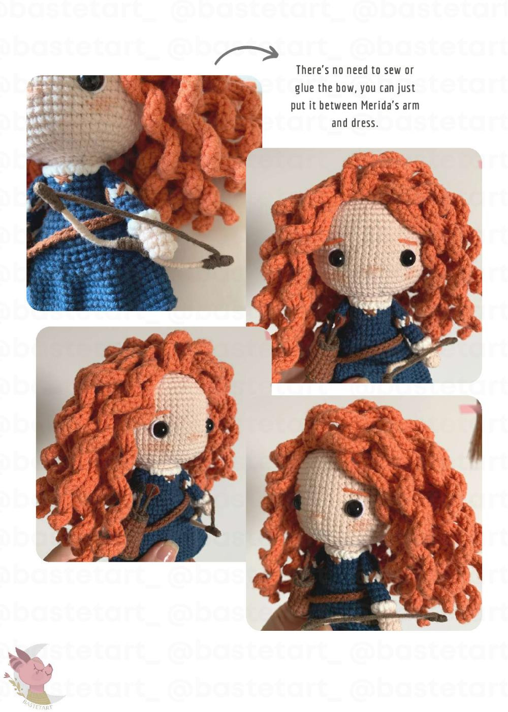 merida doll crochet pattern, Crochet pattern for a red-haired doll wearing a bow and arrow and wearing a dress