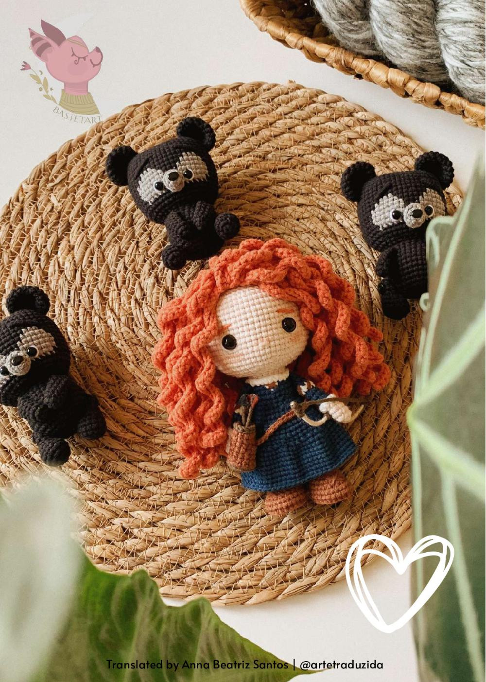 merida doll crochet pattern, Crochet pattern for a red-haired doll wearing a bow and arrow and wearing a dress