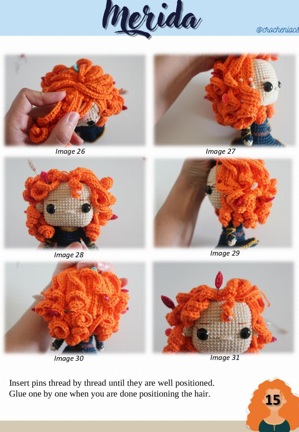 merida doll,  Crochet pattern for a doll with curly hair wearing a dress and holding a bow