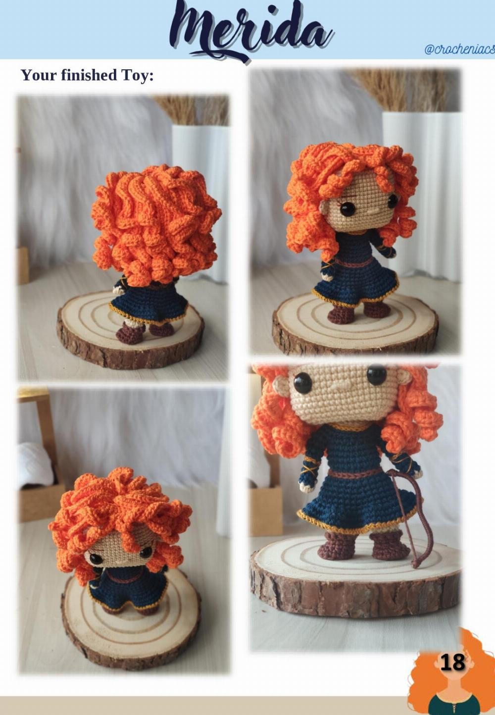 merida doll,  Crochet pattern for a doll with curly hair wearing a dress and holding a bow