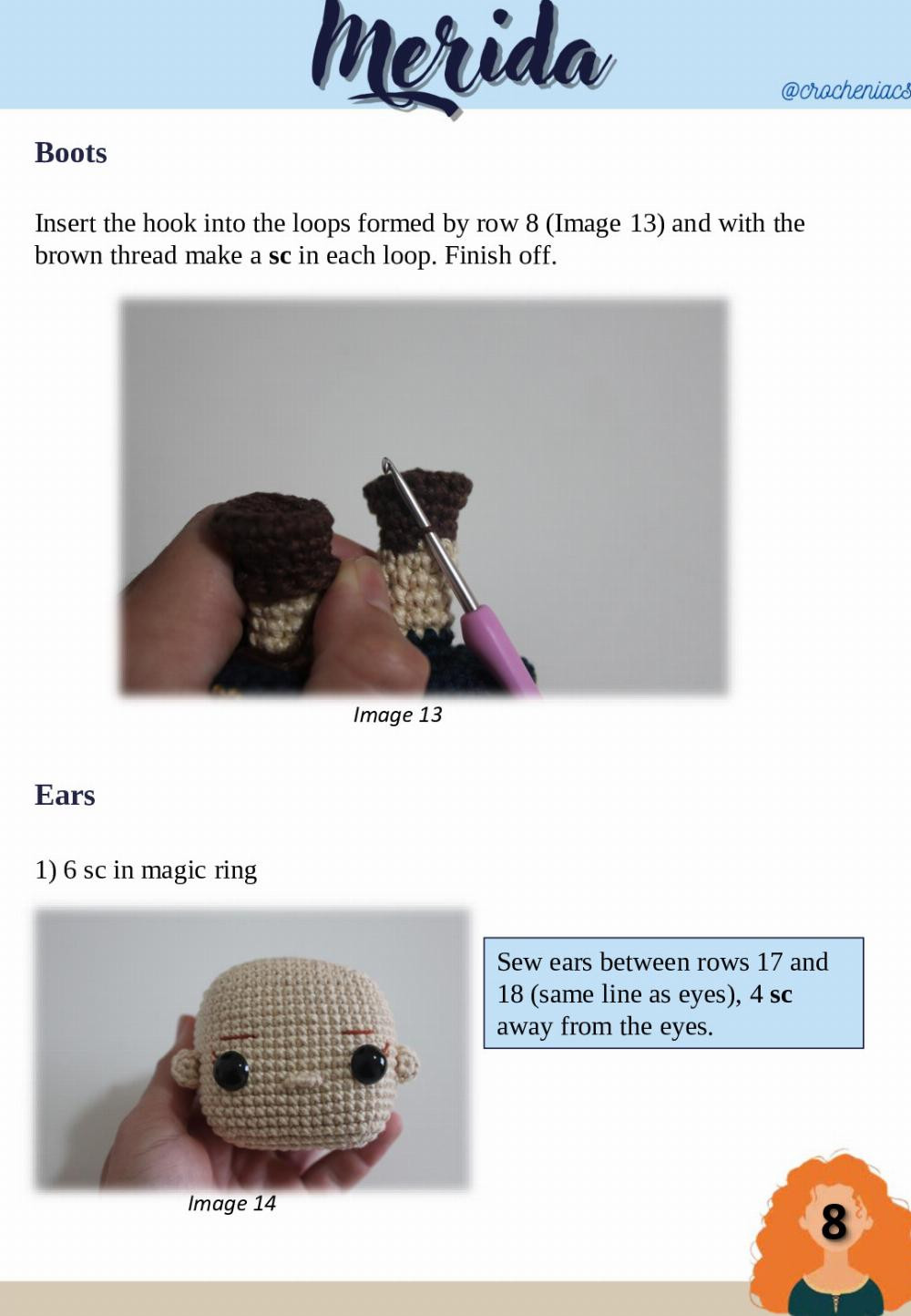 merida doll,  Crochet pattern for a doll with curly hair wearing a dress and holding a bow