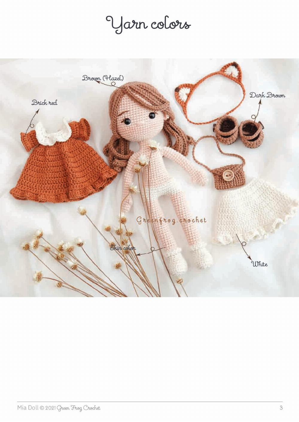 Mia Doll , Crochet pattern for a little girl with brown hair and a brown dress