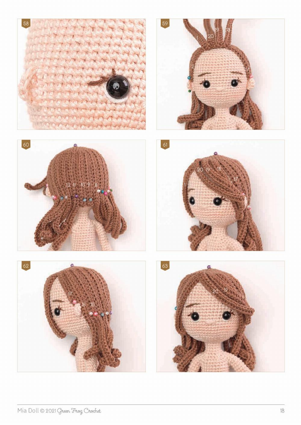 Mia Doll , Crochet pattern for a little girl with brown hair and a brown dress