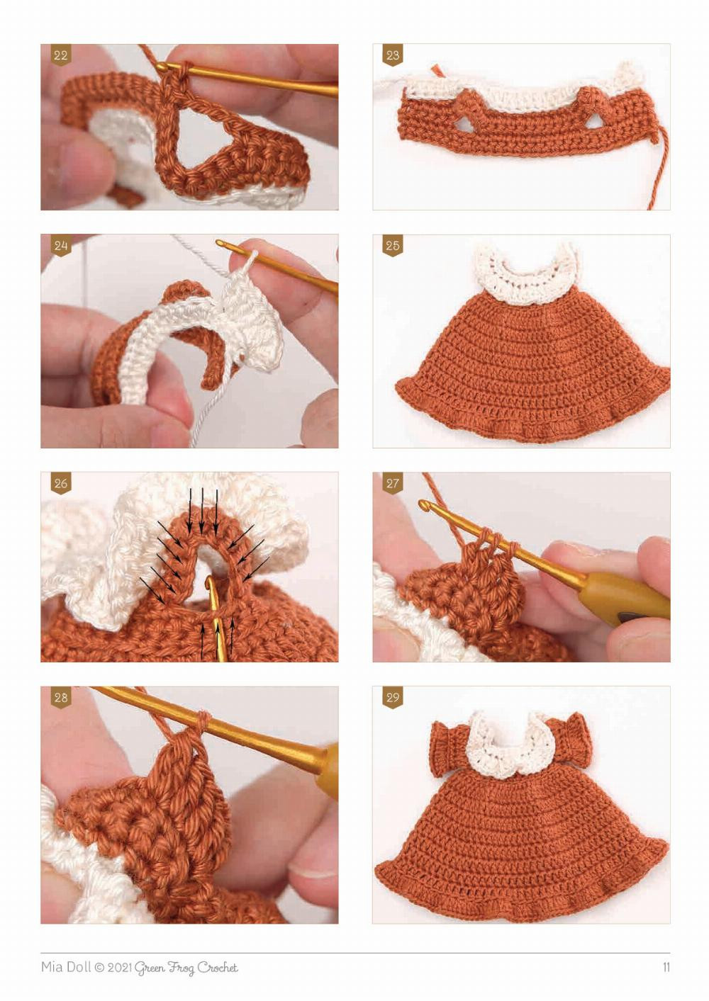 Mia Doll , Crochet pattern for a little girl with brown hair and a brown dress