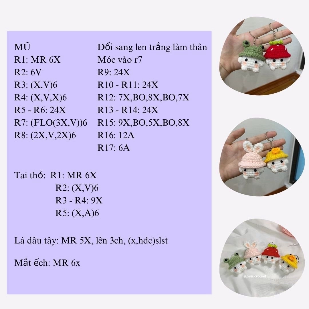 móc khóa thỏ đội mũ ếch, mũ dâu tây, mũ vịt