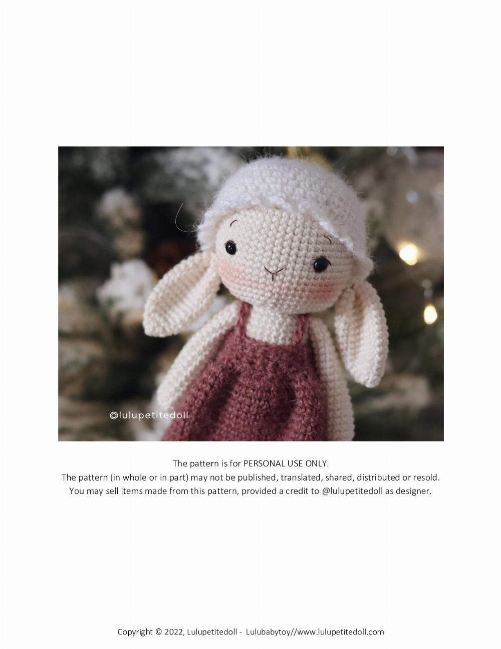 MOCHI THE BUNNY, Crochet pattern for rabbit doll wearing overalls