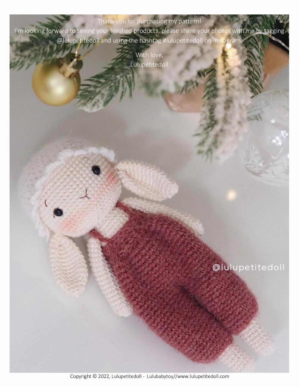 MOCHI THE BUNNY, Crochet pattern for rabbit doll wearing overalls