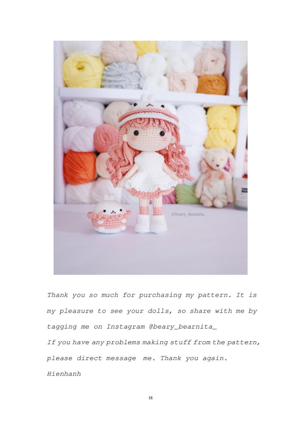 molang doll, Crochet pattern for a doll wearing a dress and a bunny hat