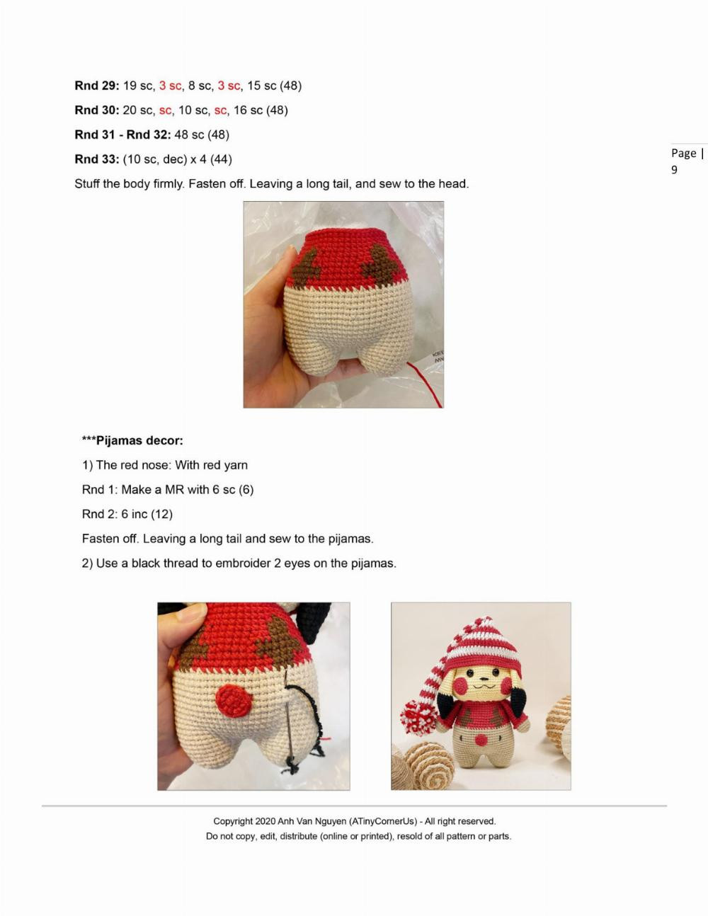 pikachu in rudolph pajamas amigurumi pattern