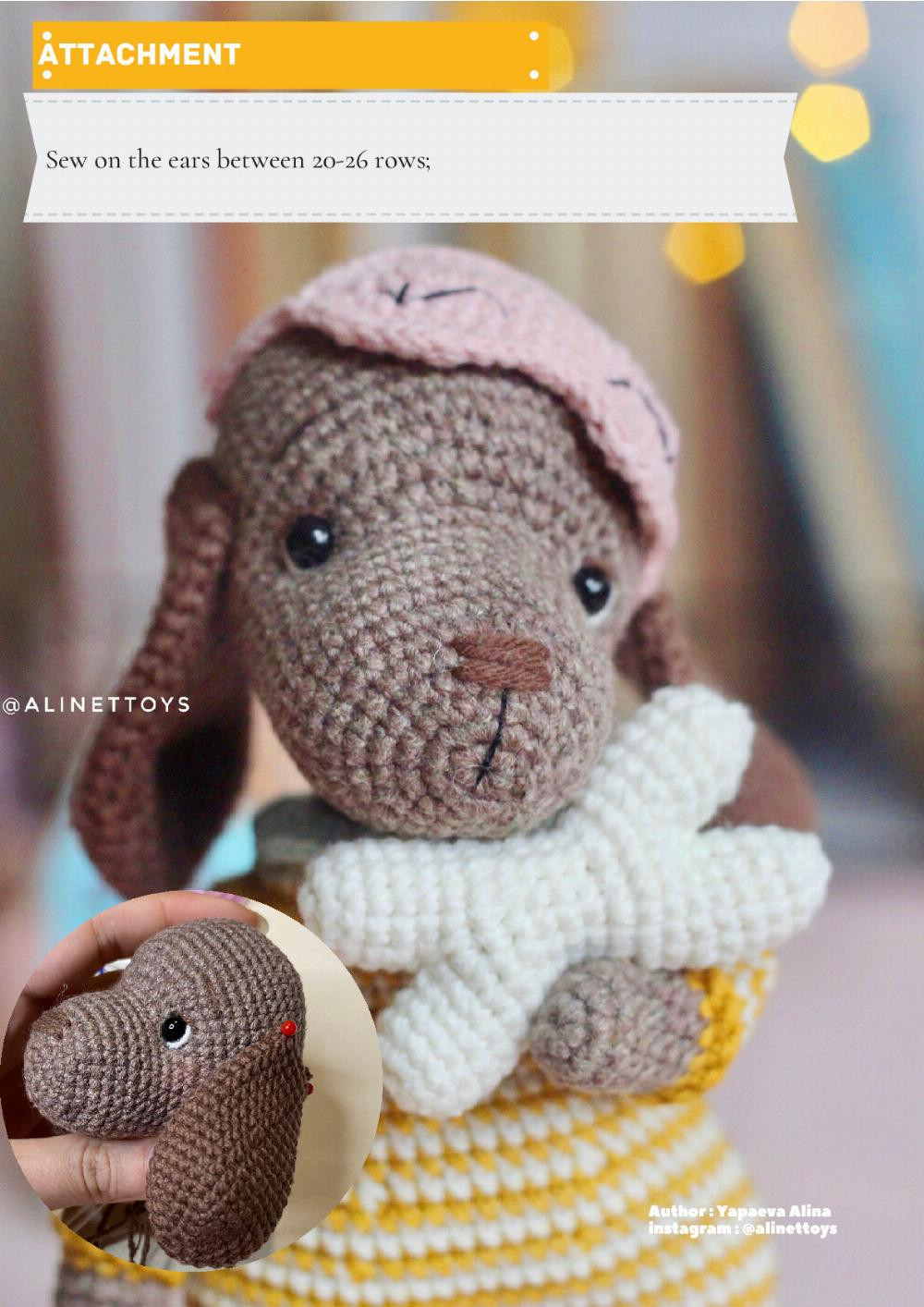 PUPPY HOLLY, Crochet pattern for a dog doll wearing pajamas and a hat