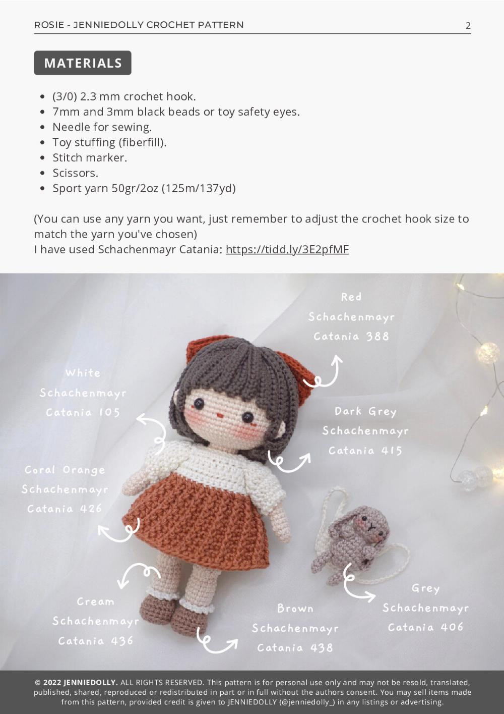 ROSIE, Crochet pattern for a black-haired little girl doll wearing a brown dress