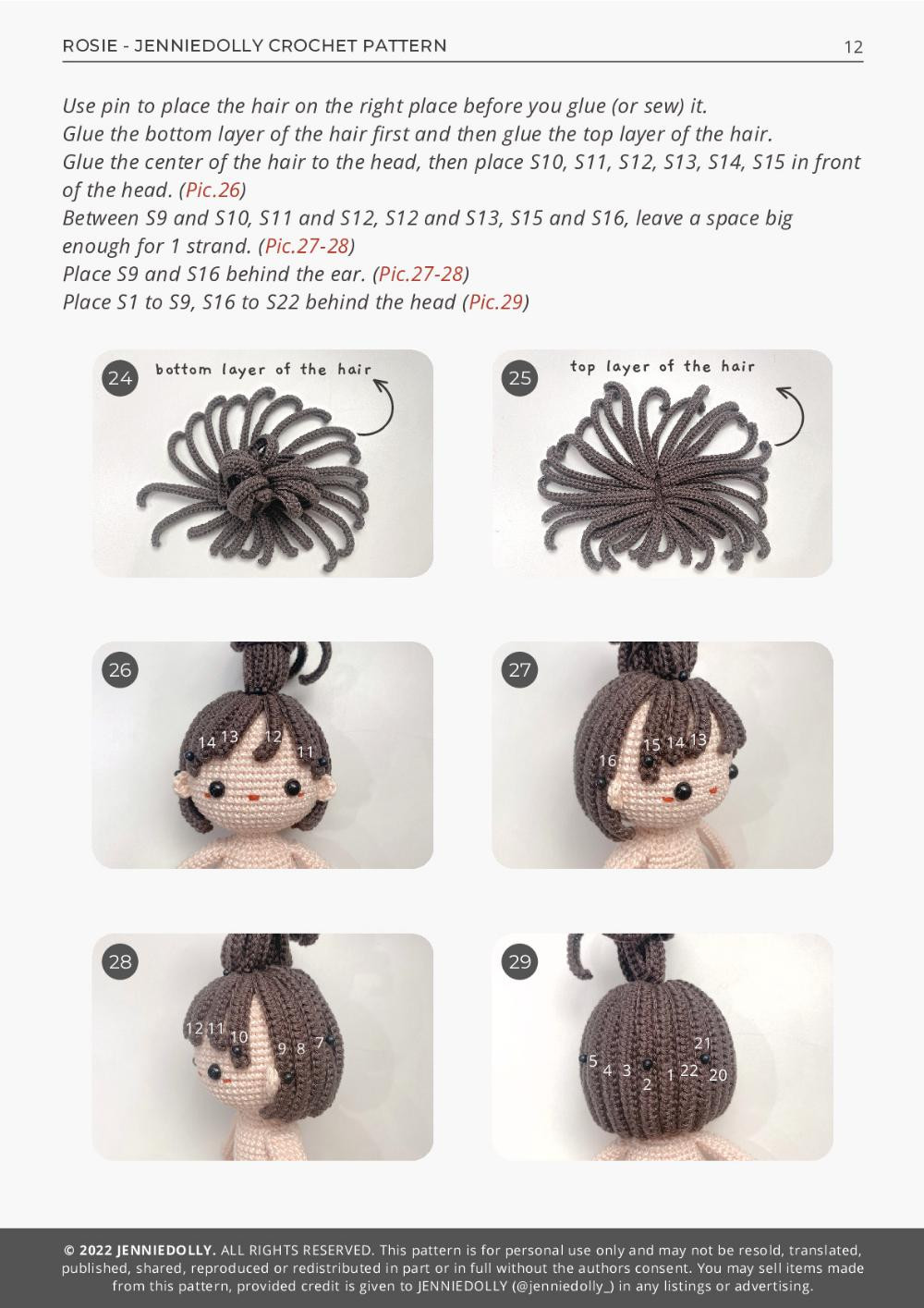 ROSIE, Crochet pattern for a black-haired little girl doll wearing a brown dress