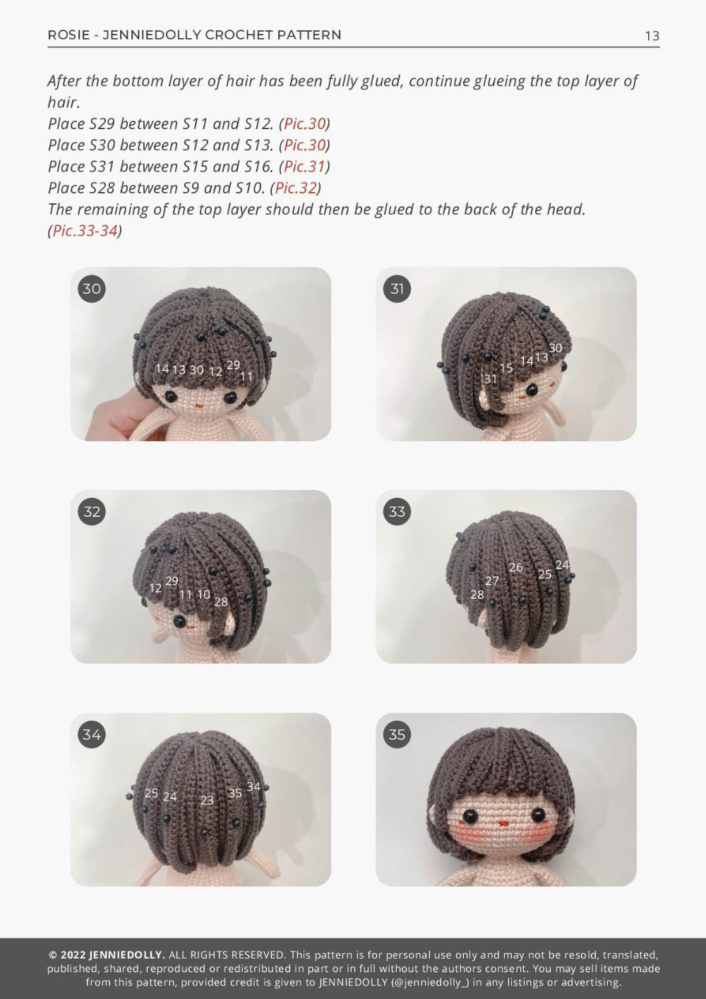 ROSIE, Crochet pattern for a black-haired little girl doll wearing a brown dress