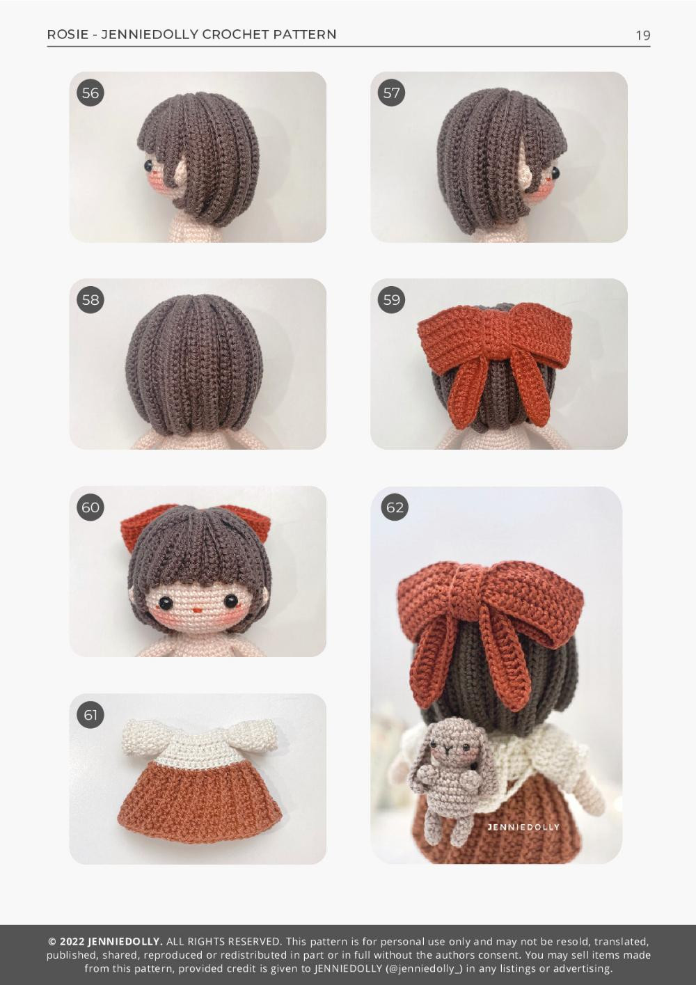 ROSIE, Crochet pattern for a black-haired little girl doll wearing a brown dress