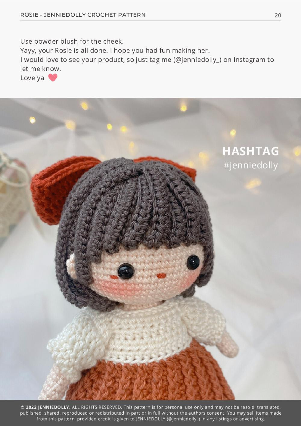 ROSIE, Crochet pattern for a black-haired little girl doll wearing a brown dress