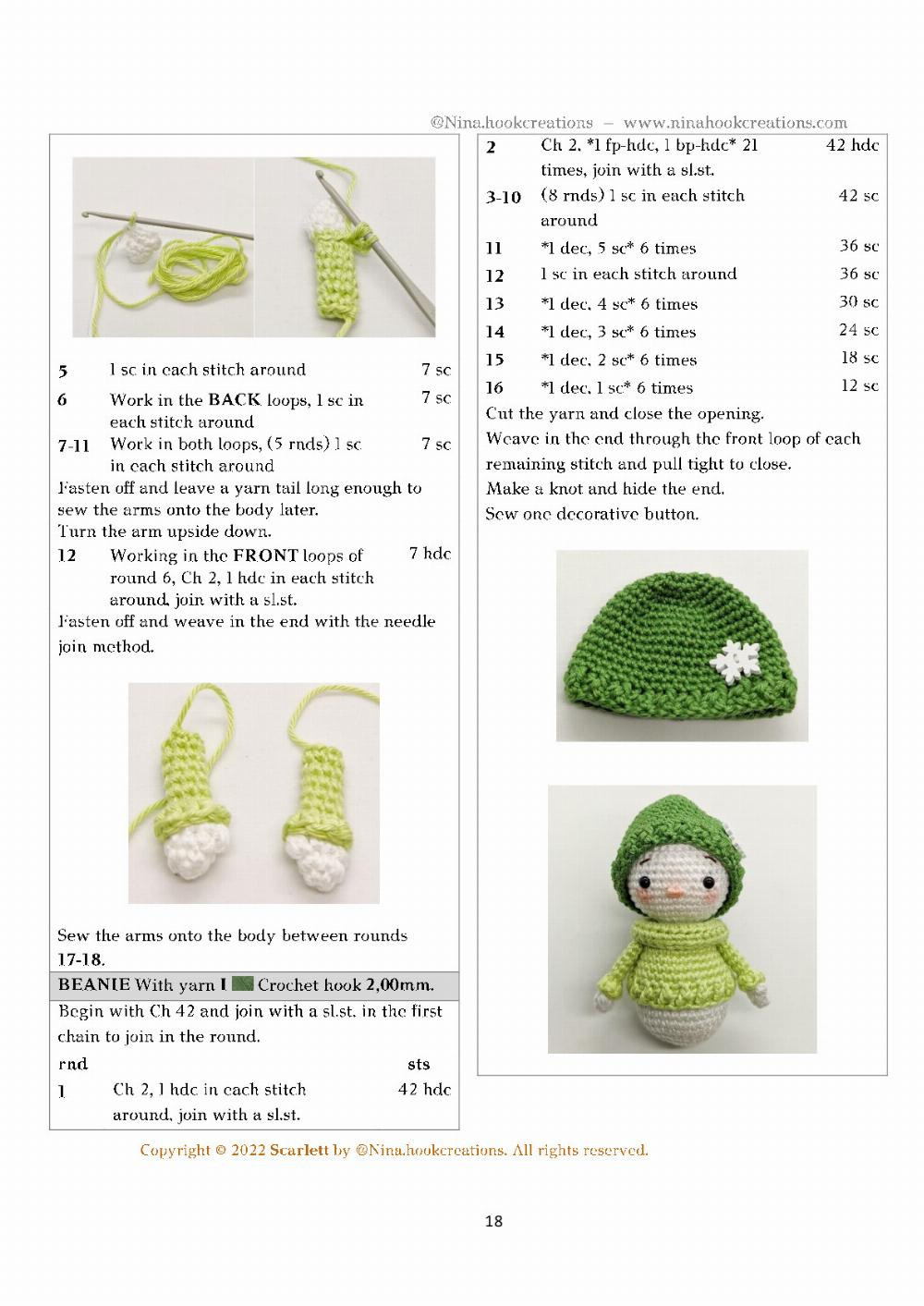 Scarlett, Crochet pattern for a little girl doll wearing overalls and a black beanie hat