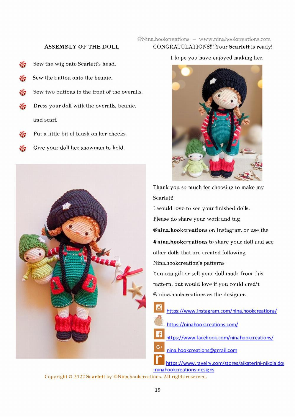 Scarlett, Crochet pattern for a little girl doll wearing overalls and a black beanie hat