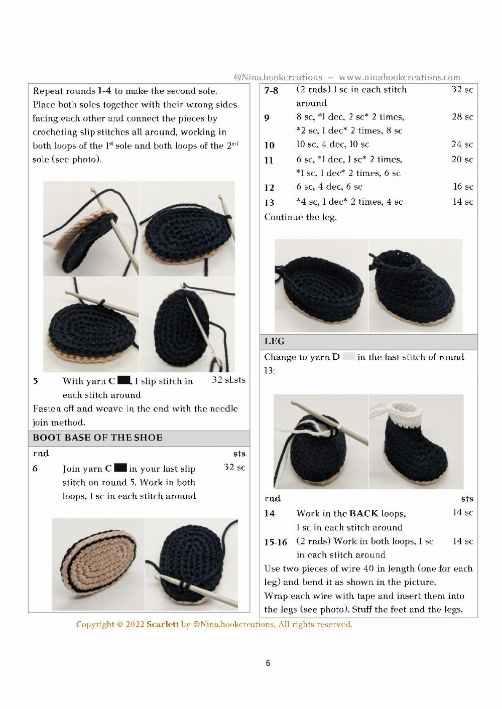 Scarlett, Crochet pattern for a little girl doll wearing overalls and a black beanie hat