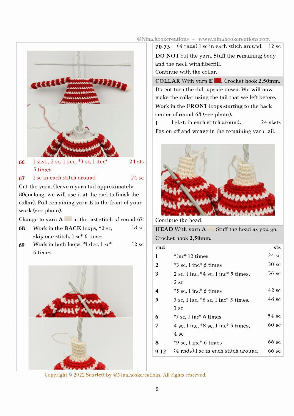 Scarlett, Crochet pattern for a little girl doll wearing overalls and a black beanie hat